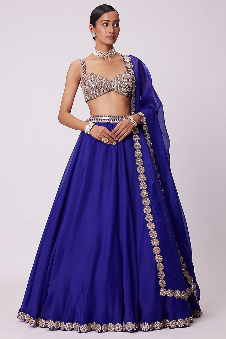 Persian Blue Organza Mirror Embroidered Wedding Lehenga Set by Vvani By Vani Vats at Pernia's Pop Up Shop
