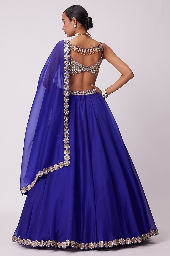 Persian Blue Organza Mirror Embroidered Wedding Lehenga Set by Vvani By Vani Vats at Pernia's Pop Up Shop
