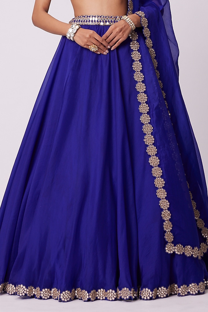 Persian Blue Organza Mirror Embroidered Wedding Lehenga Set by Vvani By Vani Vats at Pernia's Pop Up Shop