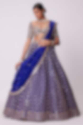 Persian Blue Organza Mirror Floral Embroidered Bridal Lehenga Set by Vvani By Vani Vats at Pernia's Pop Up Shop