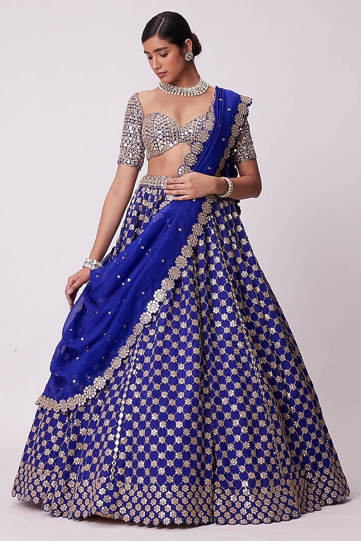 Persian Blue Organza Mirror Floral Embroidered Bridal Lehenga Set by Vvani By Vani Vats at Pernia's Pop Up Shop