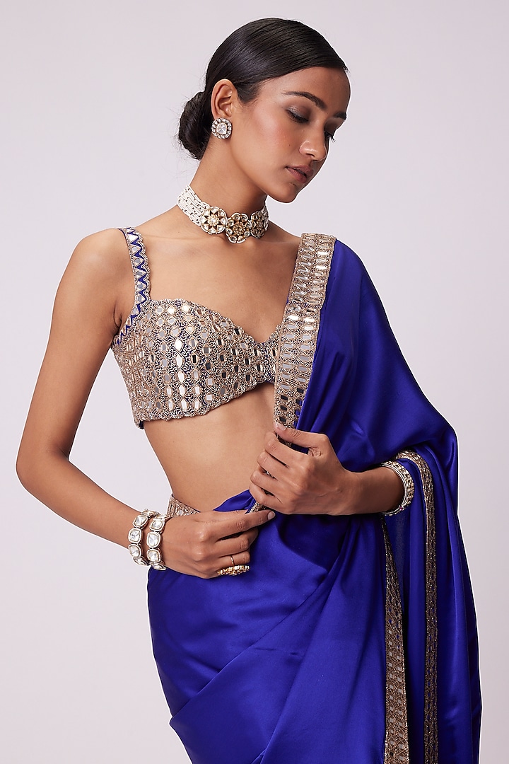 Persian Blue Satin Hand Embroidered Wedding Saree Set by Vvani By Vani Vats at Pernia's Pop Up Shop