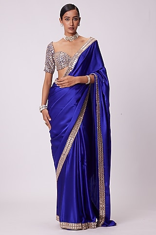 Persian Blue Satin Hand Embroidered Saree Set by Vvani By Vani Vats