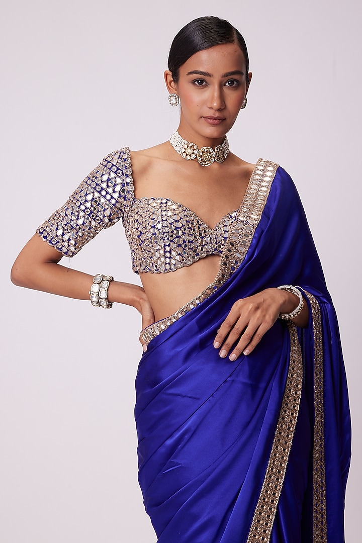 Persian Blue Satin Hand Embroidered Wedding Saree Set by Vvani By Vani Vats at Pernia's Pop Up Shop