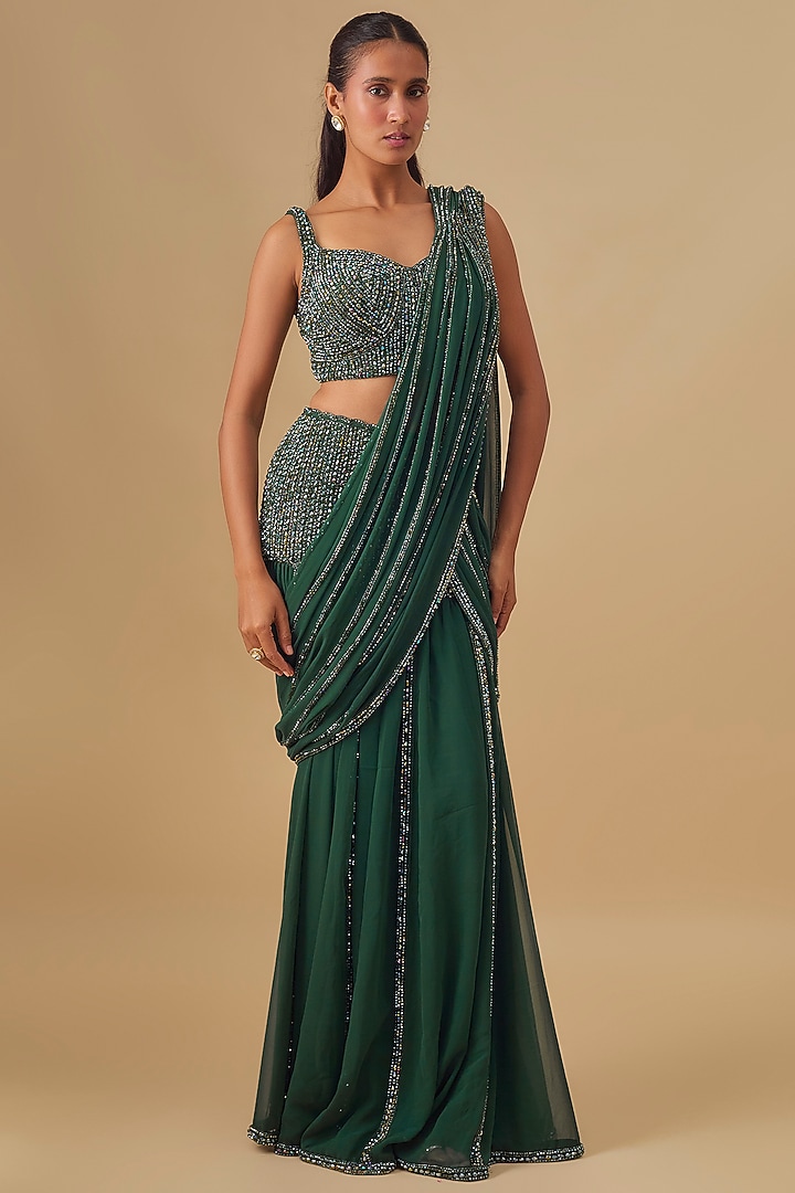 Jade Green Georgette Crystal Embellished Pre-Draped Reception Saree Set by Vvani by Vani Vats at Pernia's Pop Up Shop