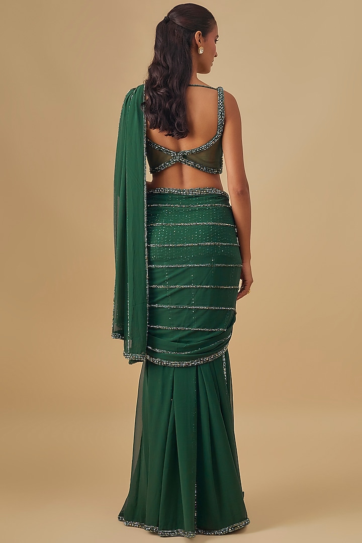 Jade Green Georgette Crystal Embellished Pre-Draped Reception Saree Set by Vvani by Vani Vats at Pernia's Pop Up Shop