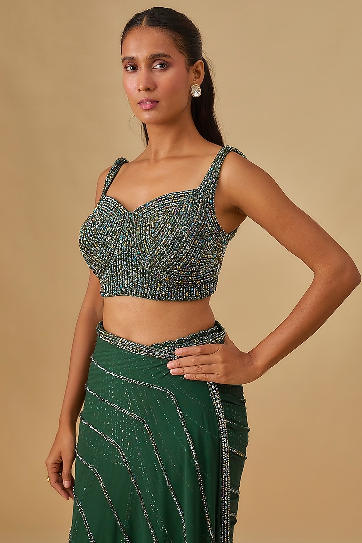 Jade Green Georgette Crystal Embellished Pre-Draped Reception Saree Set by Vvani by Vani Vats at Pernia's Pop Up Shop