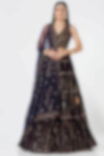 Navy Blue Net & Velvet Tiered Wedding Lehenga Set by Vvani by Vani Vats at Pernia's Pop Up Shop