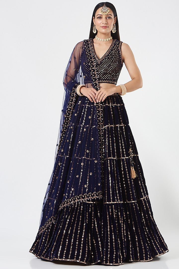 Navy Blue Net & Velvet Tiered Wedding Lehenga Set by Vvani by Vani Vats at Pernia's Pop Up Shop