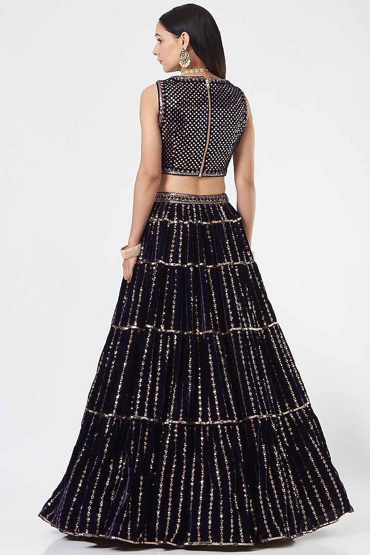 Navy Blue Net & Velvet Tiered Wedding Lehenga Set by Vvani by Vani Vats at Pernia's Pop Up Shop