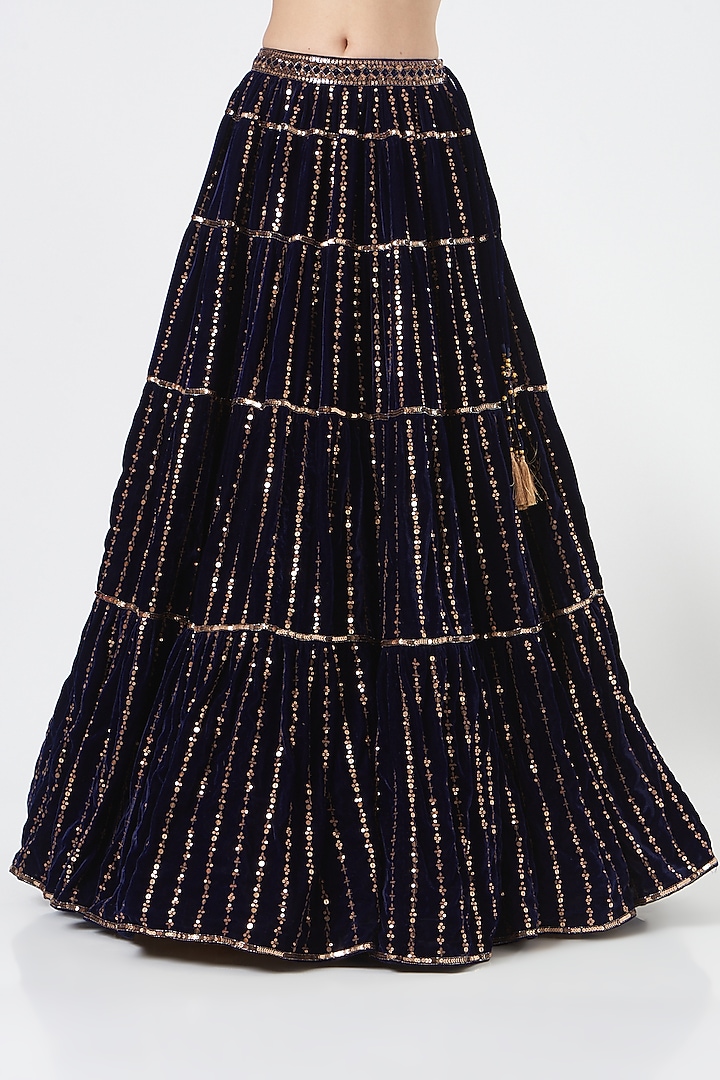 Navy Blue Net & Velvet Tiered Wedding Lehenga Set by Vvani by Vani Vats at Pernia's Pop Up Shop