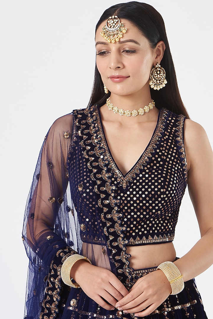 Navy Blue Net & Velvet Tiered Wedding Lehenga Set by Vvani by Vani Vats at Pernia's Pop Up Shop