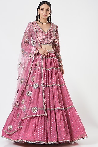 Pink Georgette Tiered Lehenga Set by Vvani by Vani Vats