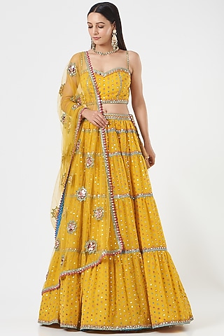 Yellow Georgette Tiered Lehenga Set by Vvani by Vani Vats