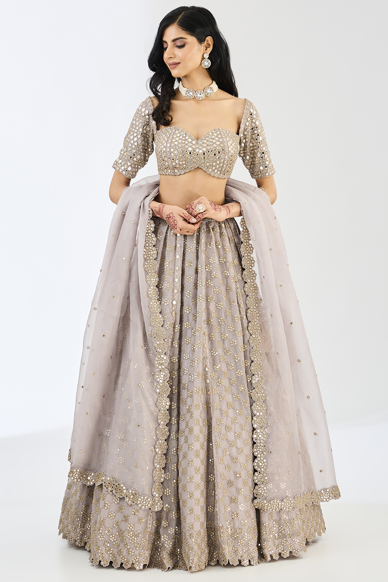 Ash Pink Georgette & Organza Floral Embroidered Lehenga Set by Vvani By Vani Vats