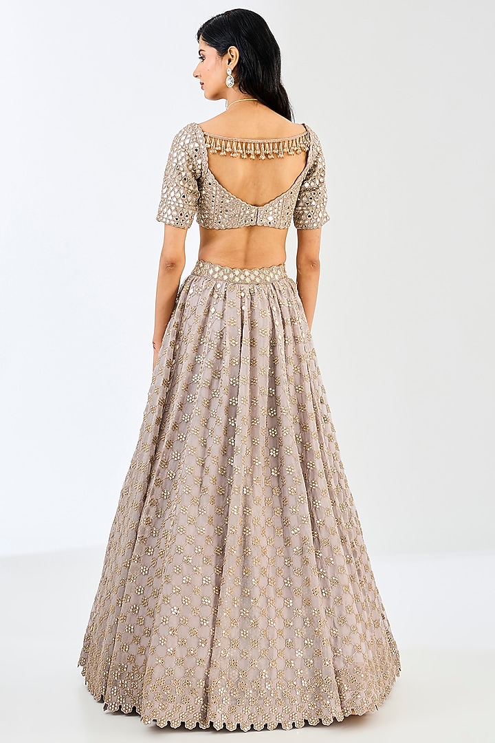 Ash Pink Georgette & Organza Floral Embroidered Bridal Lehenga Set by Vvani By Vani Vats at Pernia's Pop Up Shop
