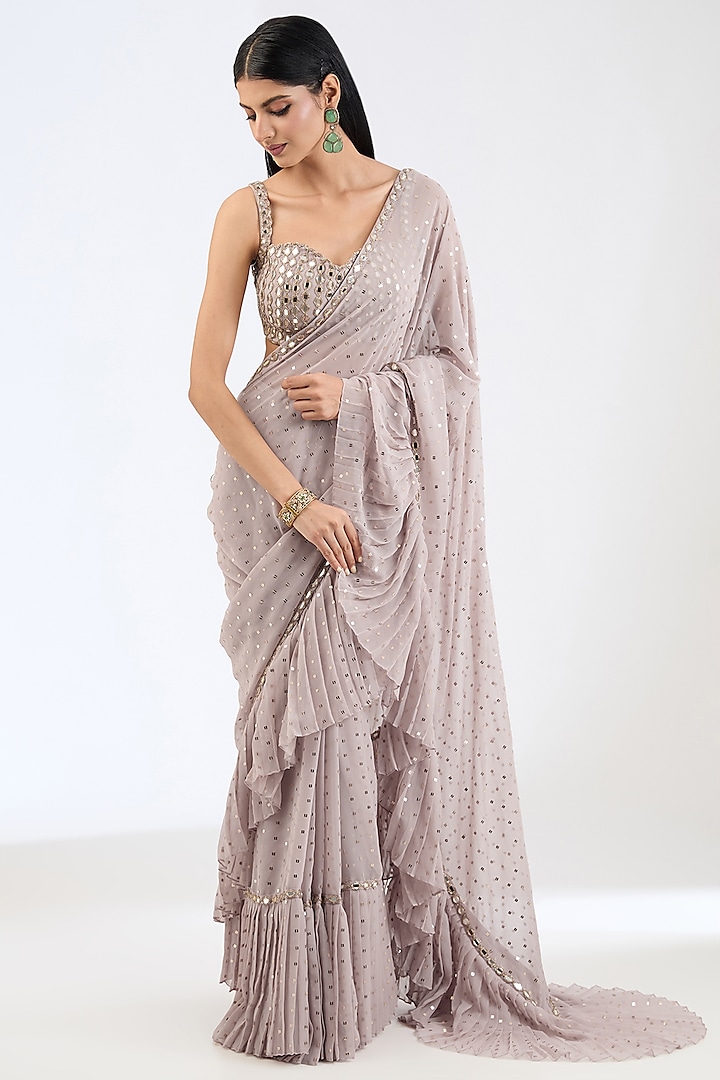 Ash Pink Georgette Frilled Wedding Saree Set by Vvani By Vani Vats at Pernia's Pop Up Shop