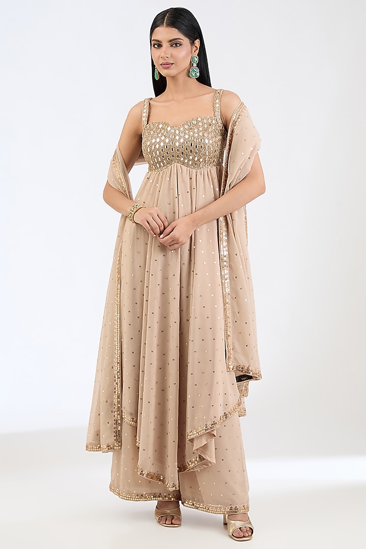 Light Beige Georgette Mirror Embroidered Kurta Set by Vvani By Vani Vats at Pernia's Pop Up Shop