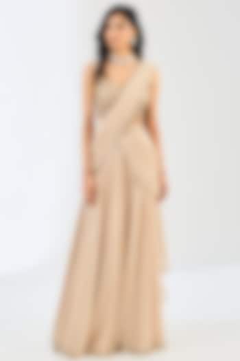 Light Beige Georgette & Silk Blend Mirror Embroidered Draped Saree Set by Vvani By Vani Vats at Pernia's Pop Up Shop