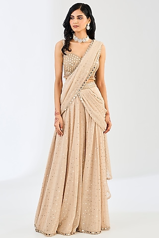 Light Beige Georgette & Silk Blend Mirror Embroidered Draped Saree Set by Vvani By Vani Vats