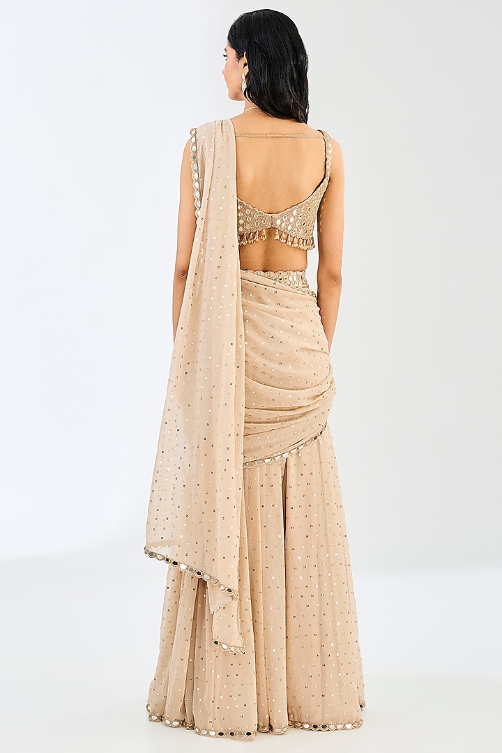 Light Beige Georgette & Silk Blend Mirror Embroidered Draped Wedding Saree Set by Vvani By Vani Vats at Pernia's Pop Up Shop