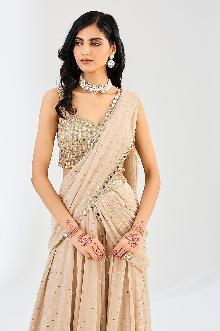Light Beige Georgette & Silk Blend Mirror Embroidered Draped Wedding Saree Set by Vvani By Vani Vats at Pernia's Pop Up Shop