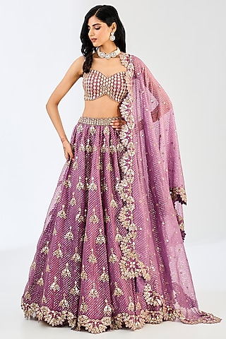Mud Mauve Georgette & Organza Mirror Hand Embroidered Lehenga Set by Vvani By Vani Vats