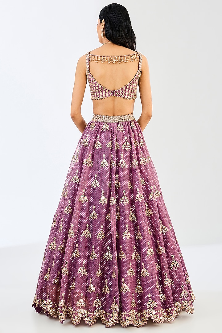 Mud Mauve Georgette & Organza Mirror Hand Embroidered Bridal Lehenga Set by Vvani By Vani Vats at Pernia's Pop Up Shop