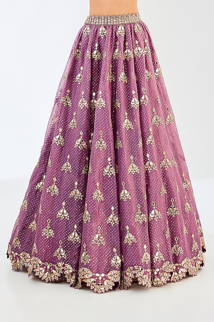 Mud Mauve Georgette & Organza Mirror Hand Embroidered Bridal Lehenga Set by Vvani By Vani Vats at Pernia's Pop Up Shop