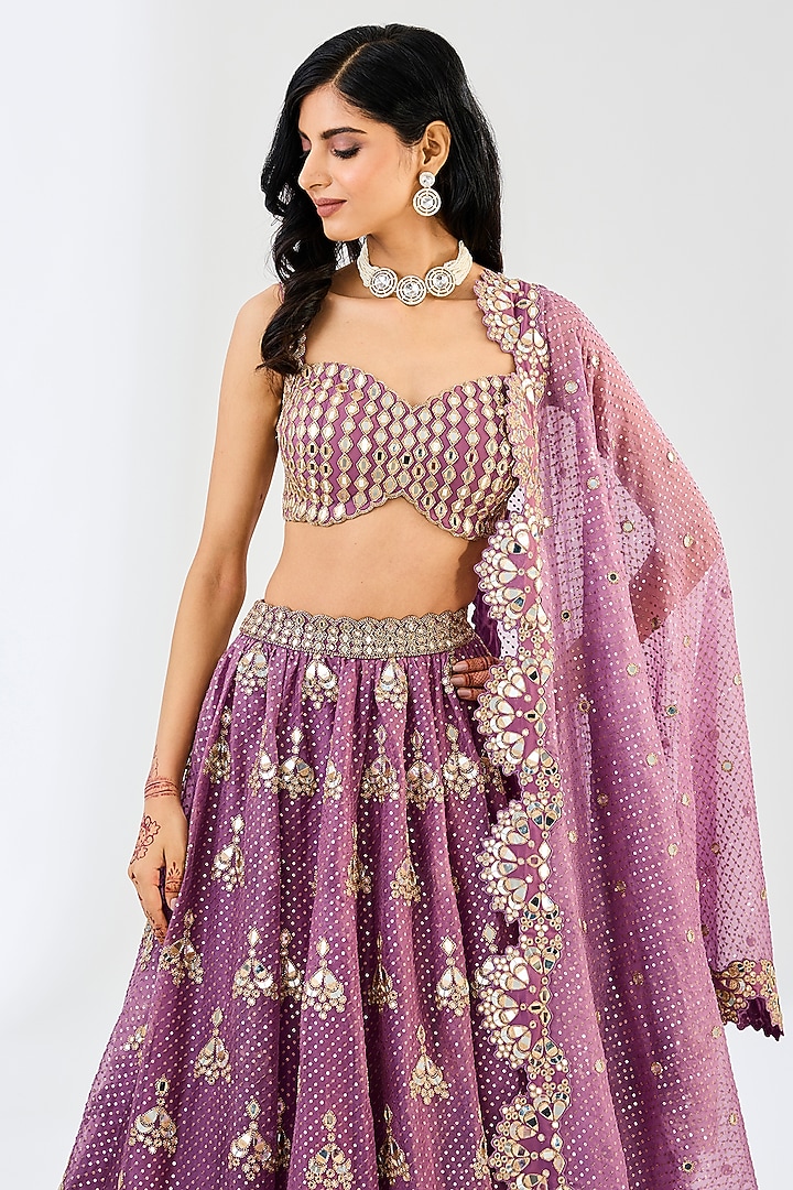 Mud Mauve Georgette & Organza Mirror Hand Embroidered Bridal Lehenga Set by Vvani By Vani Vats at Pernia's Pop Up Shop