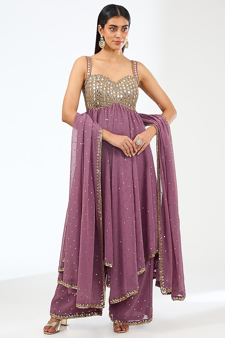 Mud Mauve Georgette Kurta Set by Vvani by Vani Vats at Pernia's Pop Up Shop