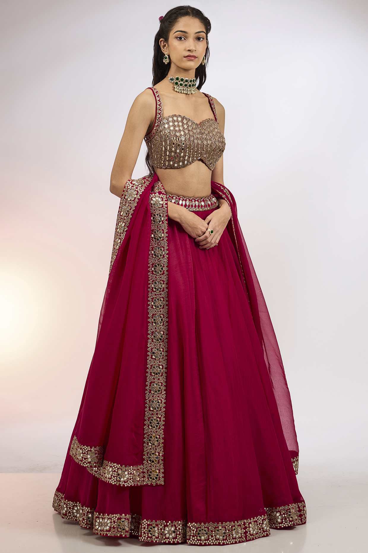 Crimson Red Organza Hand Embroidered  dulhan bday 22 may Lehenga Set by Vvani by Vani Vats at Pernia's Pop Up Shop