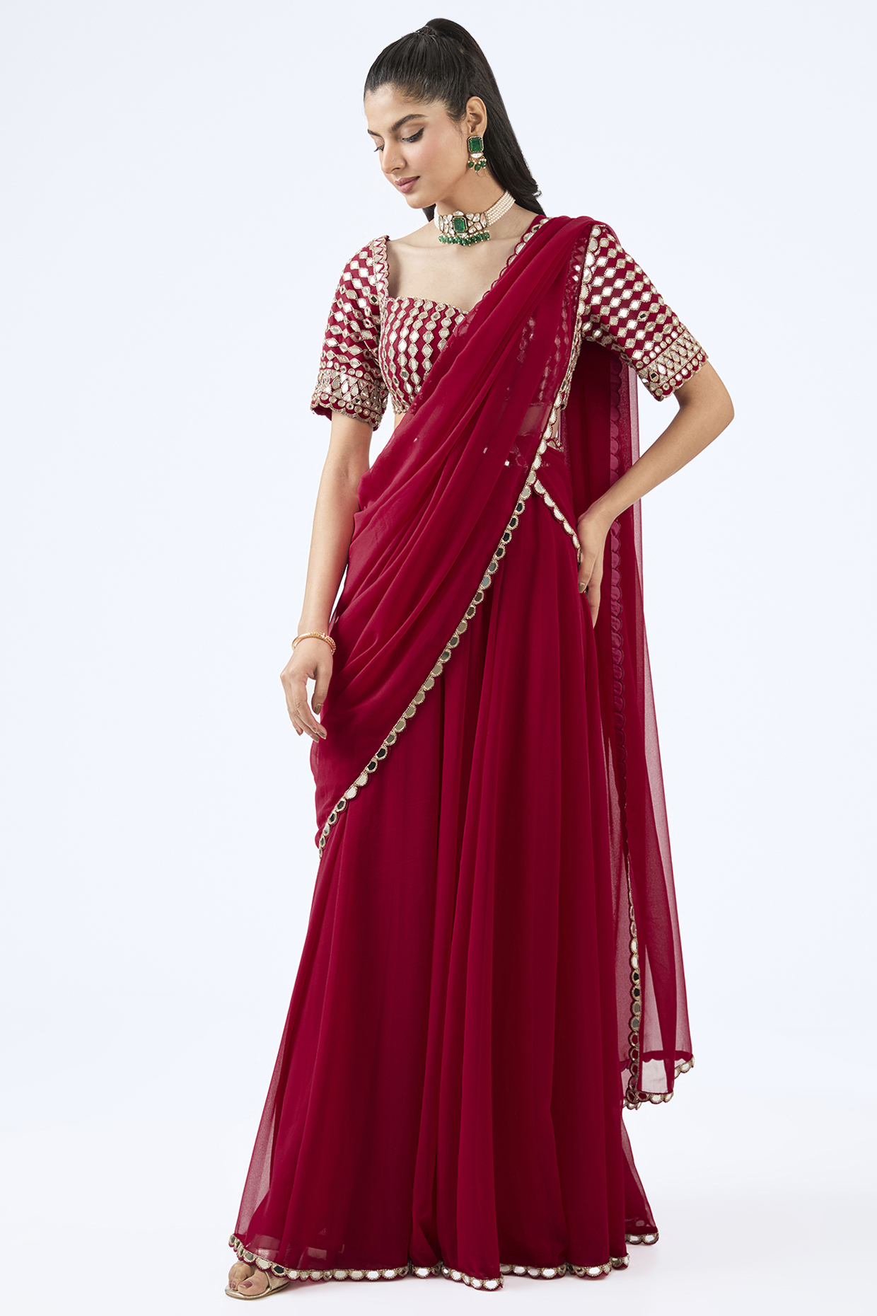 Crimson Red Georgette Hand Embroidered  dulhan bday 22 may Lehenga Pant Set by Vvani By Vani Vats at Pernia's Pop Up Shop