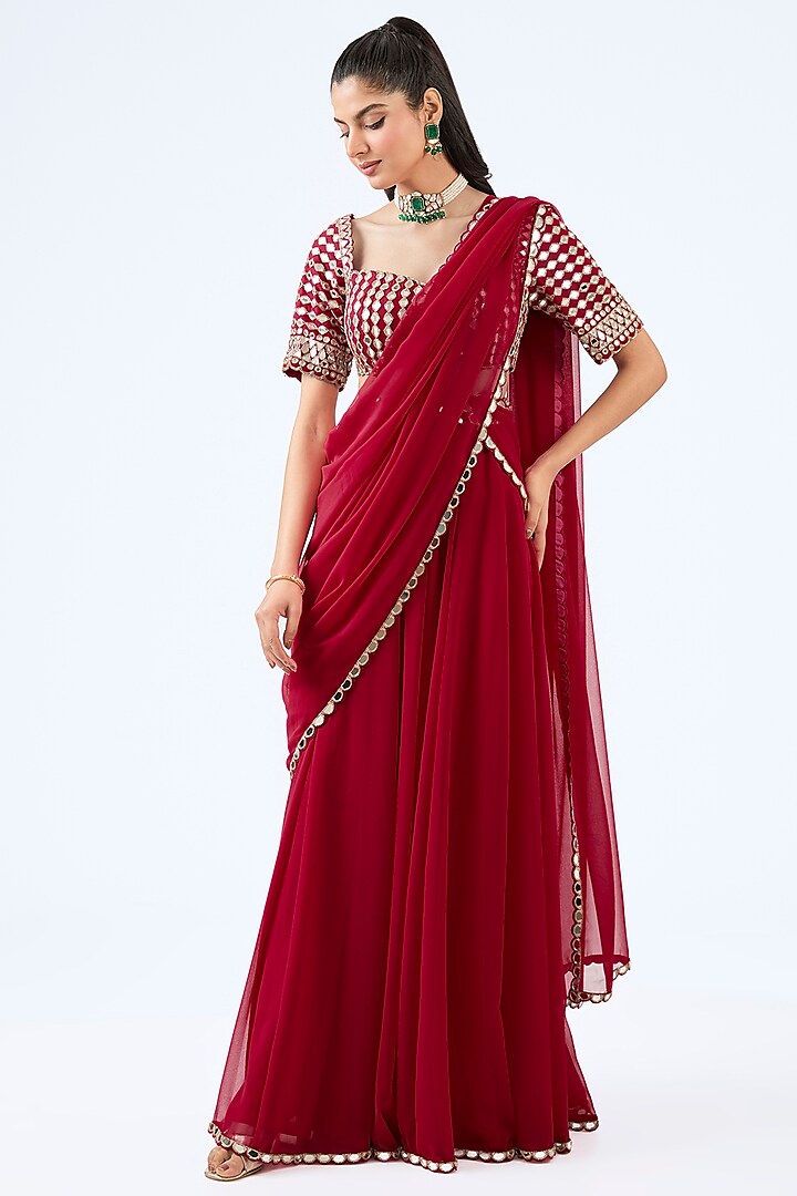 Crimson Red Georgette Hand Embroidered  dulhan bday 22 may Lehenga Pant Set by Vvani By Vani Vats at Pernia's Pop Up Shop