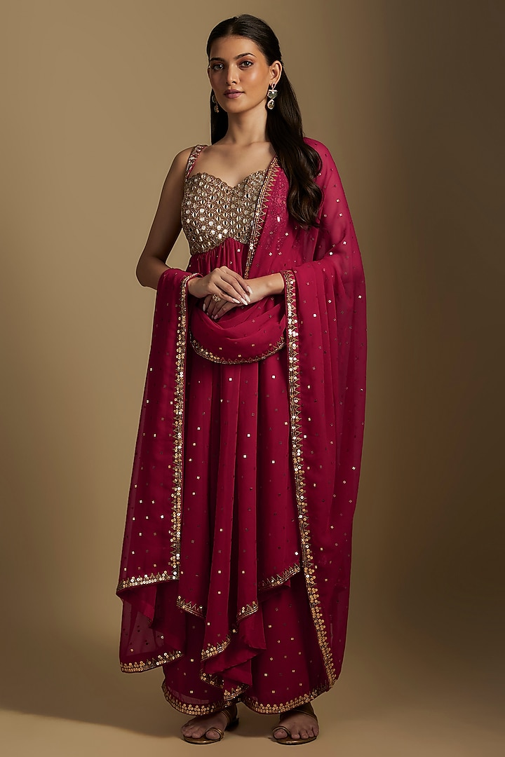 Crimson Red Georgette Mirror Embroidered High-Low Kurta Set by Vvani By Vani Vats at Pernia's Pop Up Shop