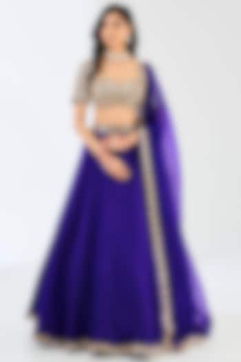 Persian Blue Georgette & Organza Mirror Hand Embroidered Wedding Lehenga Set by Vvani By Vani Vats at Pernia's Pop Up Shop