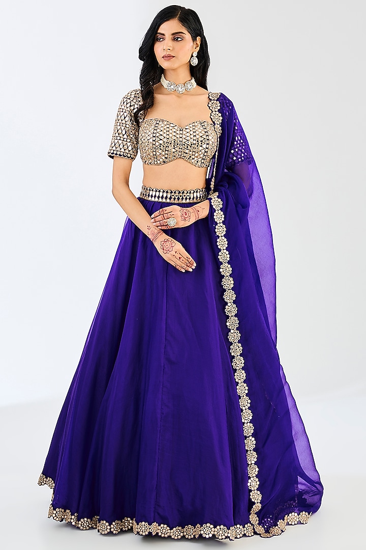 Persian Blue Georgette & Organza Mirror Hand Embroidered Wedding Lehenga Set by Vvani By Vani Vats at Pernia's Pop Up Shop