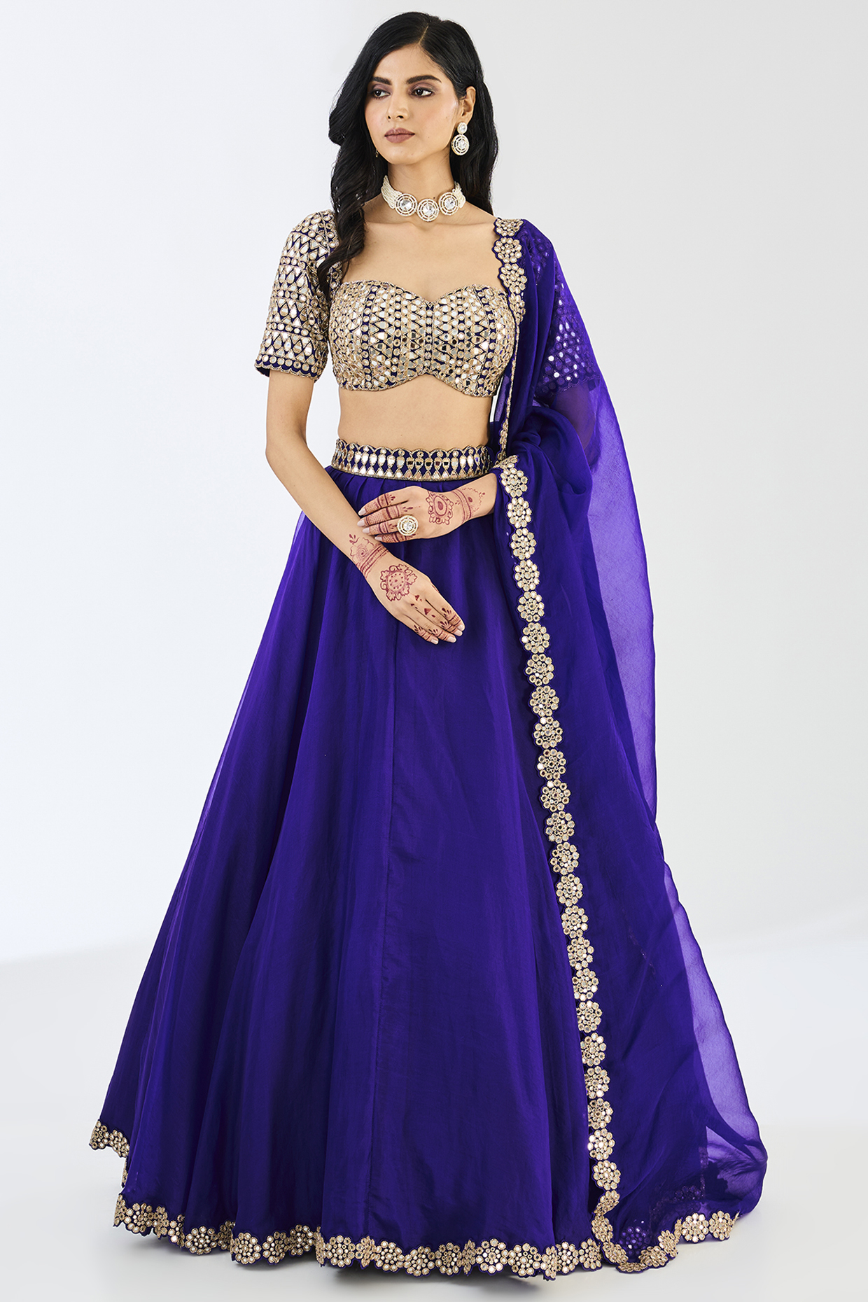 Persian Blue Georgette & Organza Mirror Hand Embroidered Lehenga Set by Vvani By Vani Vats