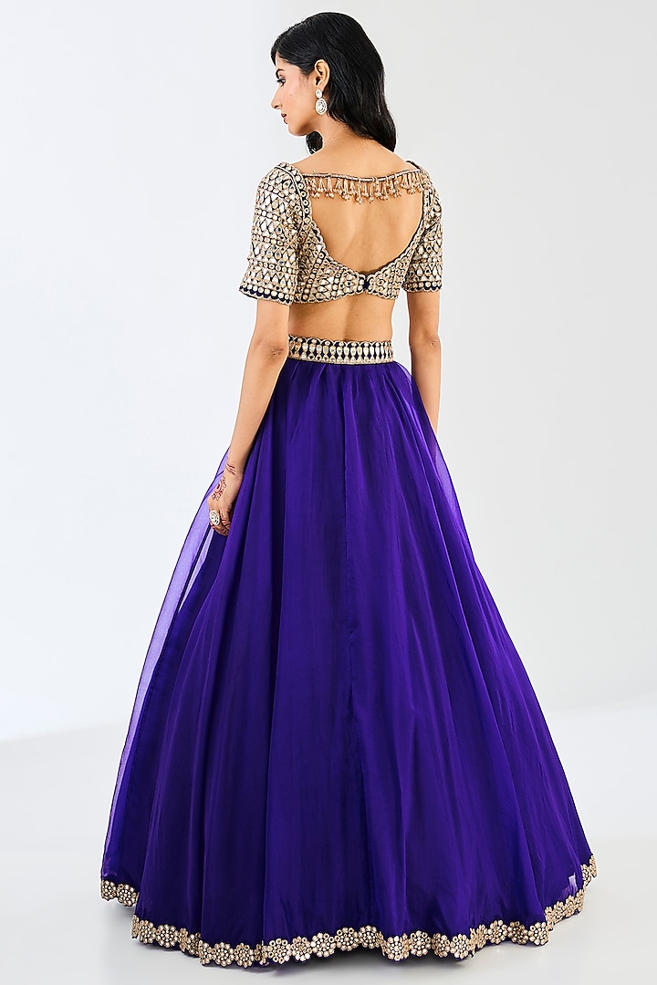 Persian Blue Georgette & Organza Mirror Hand Embroidered Wedding Lehenga Set by Vvani By Vani Vats at Pernia's Pop Up Shop