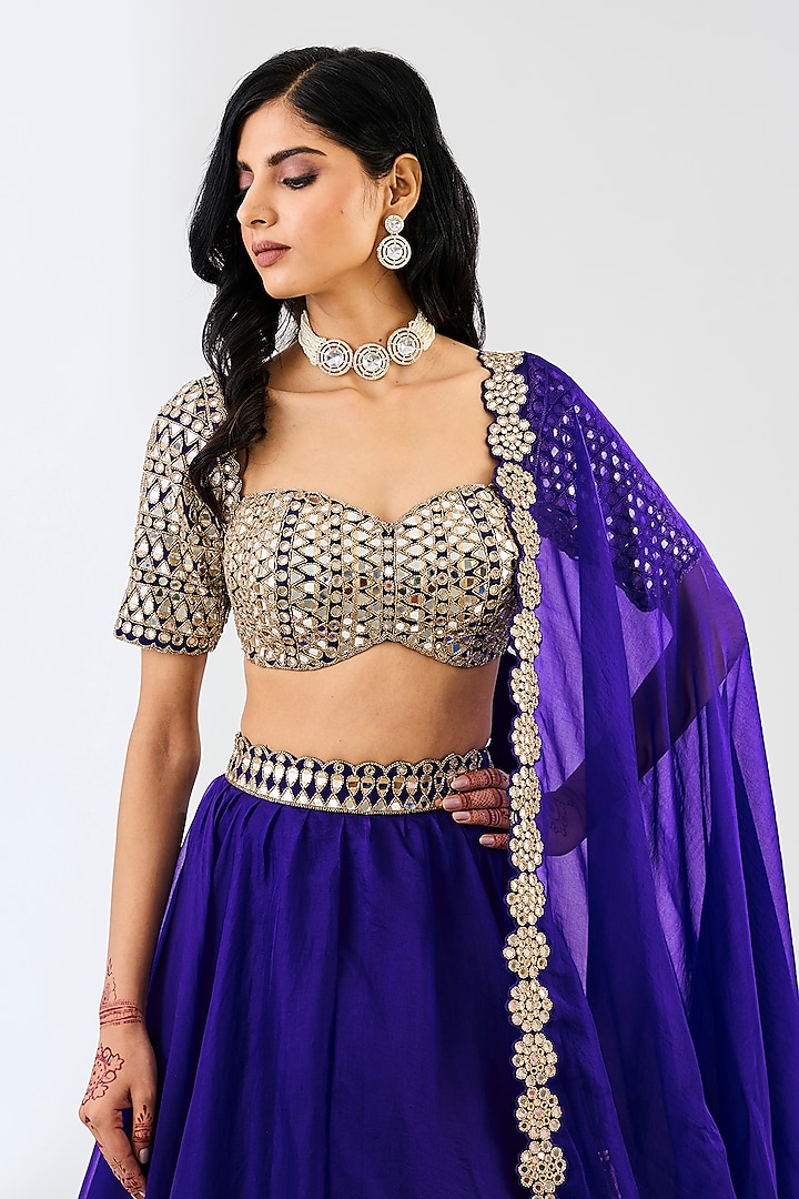 Persian Blue Georgette & Organza Mirror Hand Embroidered Wedding Lehenga Set by Vvani By Vani Vats at Pernia's Pop Up Shop