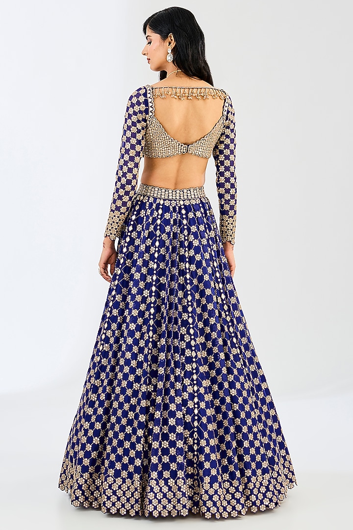 Persian Blue Georgette & Organza Mirror Hand Embroidered Bridal Lehenga Set by Vvani By Vani Vats at Pernia's Pop Up Shop