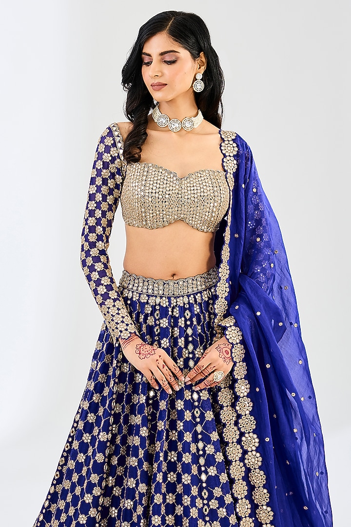 Persian Blue Georgette & Organza Mirror Hand Embroidered Bridal Lehenga Set by Vvani By Vani Vats at Pernia's Pop Up Shop
