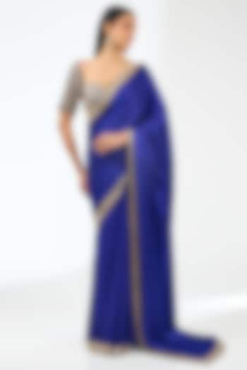 Persian Blue Satin Saree Set by Vvani by Vani Vats at Pernia's Pop Up Shop