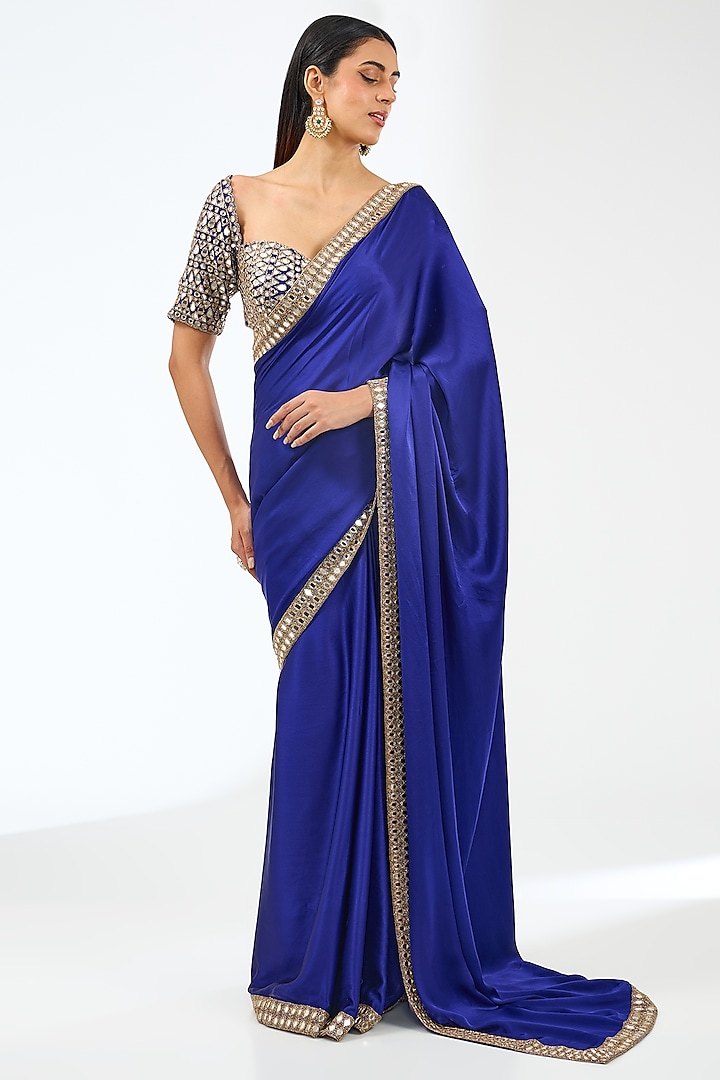 Persian Blue Satin Saree Set by Vvani by Vani Vats at Pernia's Pop Up Shop