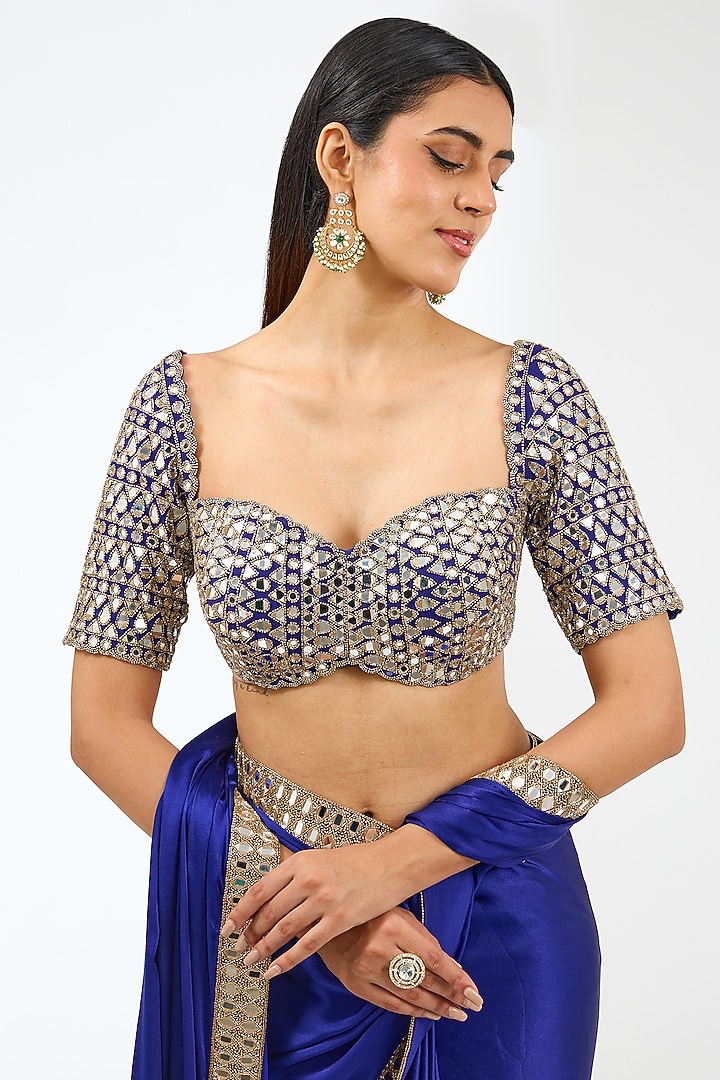 Persian Blue Satin Wedding Saree Set by Vvani by Vani Vats at Pernia's Pop Up Shop