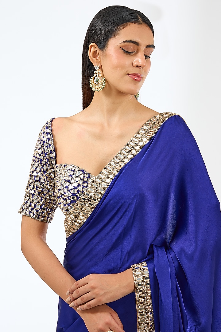 Persian Blue Satin Wedding Saree Set by Vvani by Vani Vats at Pernia's Pop Up Shop