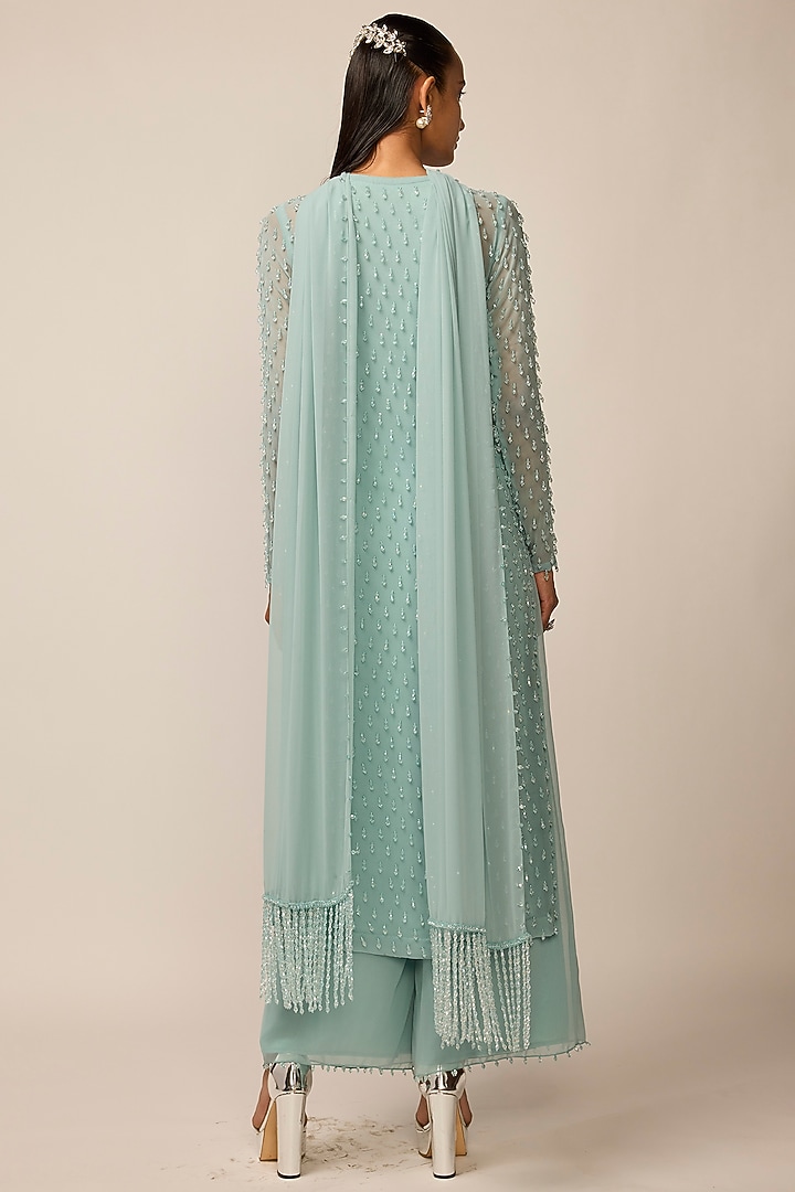 Powder Blue Georgette Pearl Drop Kurta Set by Vvani by Vani Vats at Pernia's Pop Up Shop