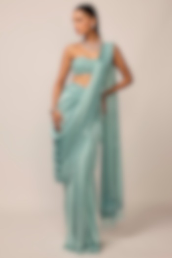 Powder Blue Satin Mirror Embroidered Reception Saree Set by Vvani by Vani Vats at Pernia's Pop Up Shop