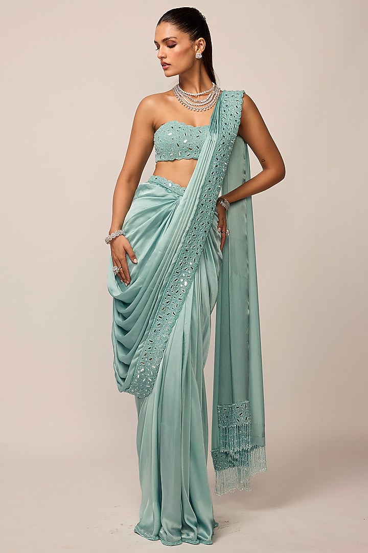 Powder Blue Satin Mirror Embroidered Reception Saree Set by Vvani by Vani Vats at Pernia's Pop Up Shop