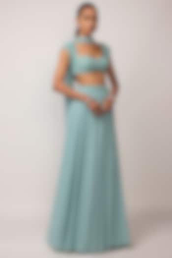 Powder Blue Georgette Mirror Embroidered Skirt Set by Vvani by Vani Vats at Pernia's Pop Up Shop